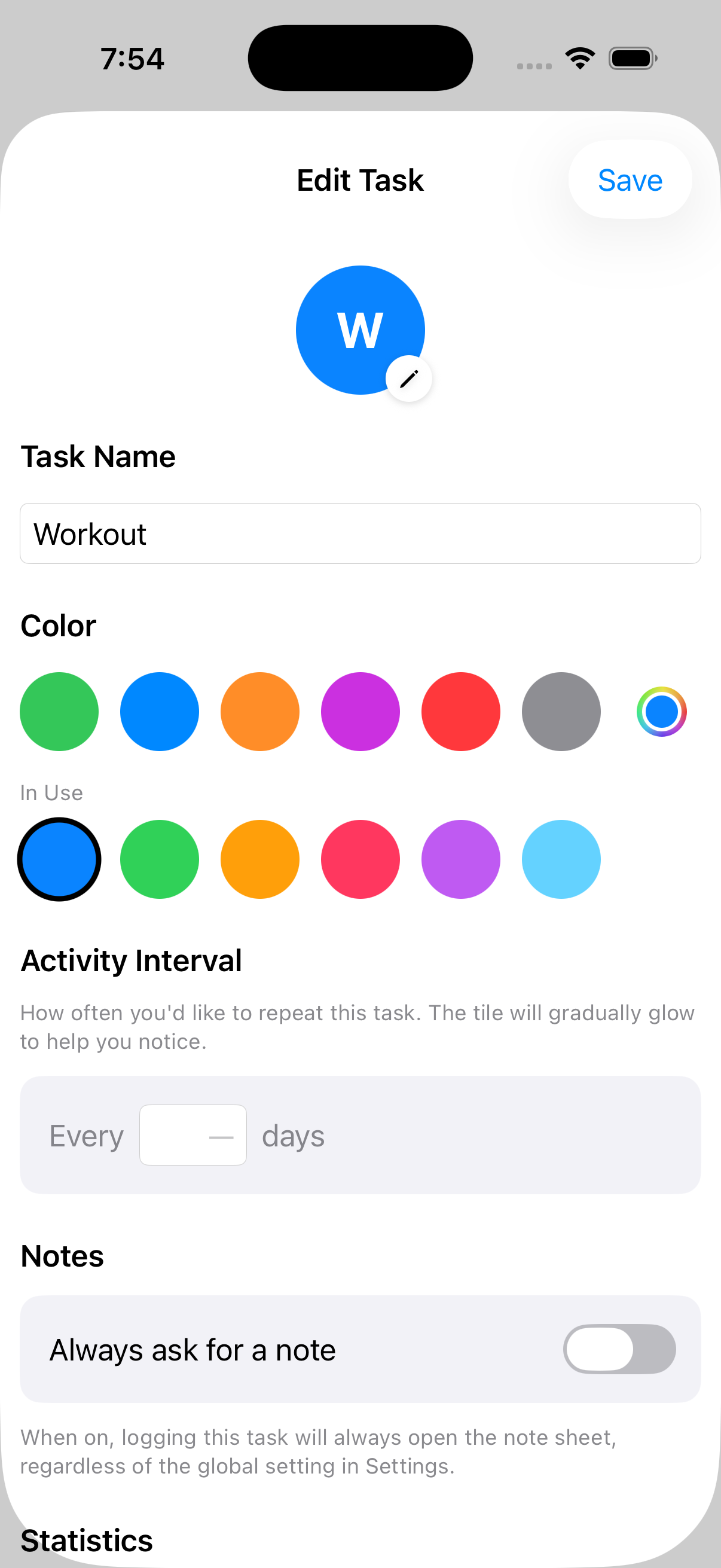 Edit task screen with color and interval options