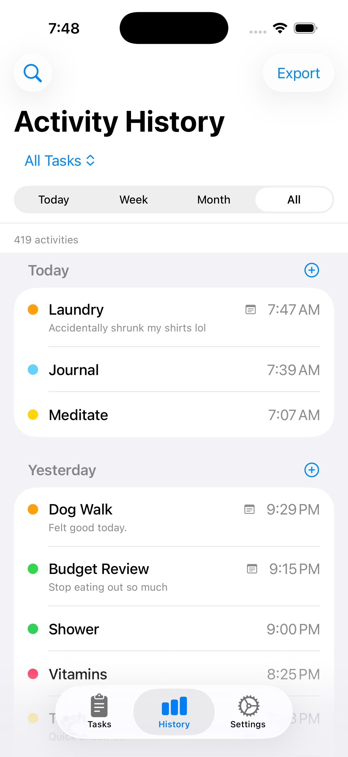 Activity history with filters